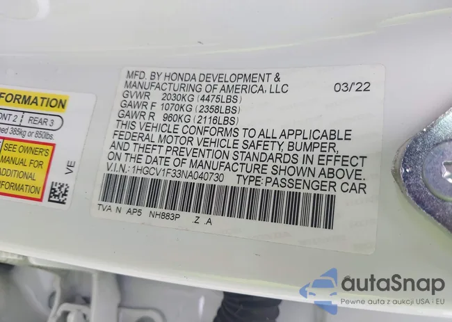 1HGCV1F33NA040730: 40396430