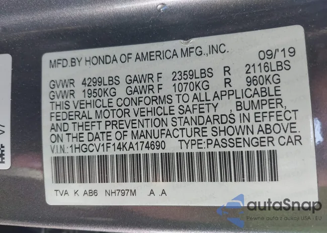 1HGCV1F14KA174690: 40398337