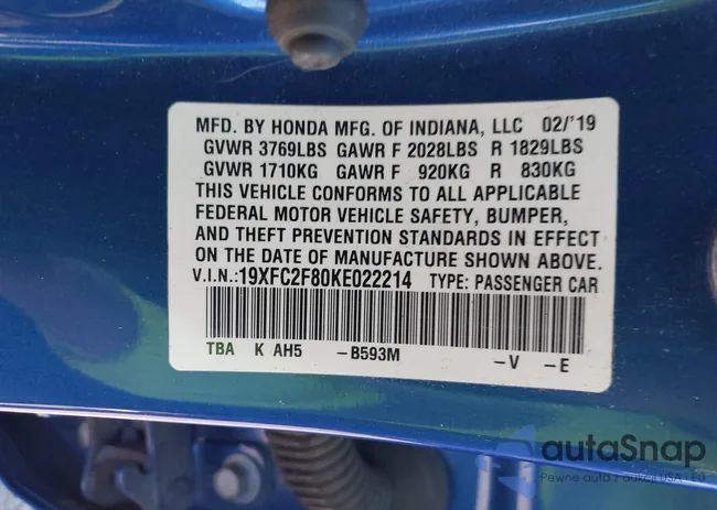 19XFC2F80KE022214: 40442109