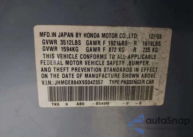 JHMGE884X9S042357: 40497053