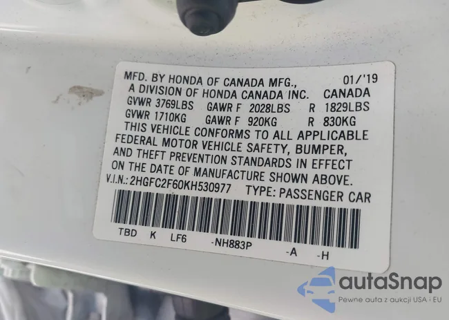 2HGFC2F60KH530977: 40502213