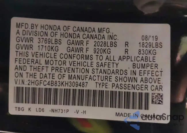 2HGFC4B83KH309487: 40506203