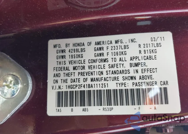 1HGCP2F41BA111251: 39582935