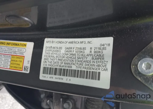 1HGCV1F39JA161806: 39611254