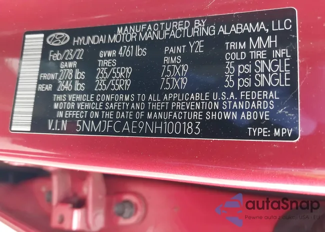 5NMJFCAE9NH100183: 39627254