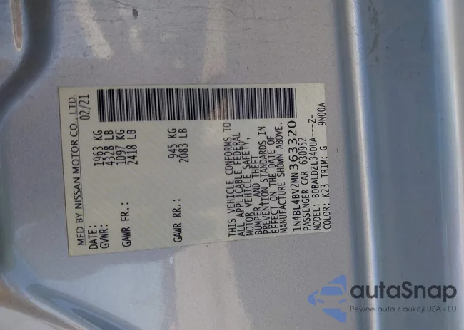 1N4BL4BV2MN363320: 39630423