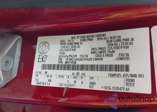 1FMCU0GD7HUE19005: 39651021