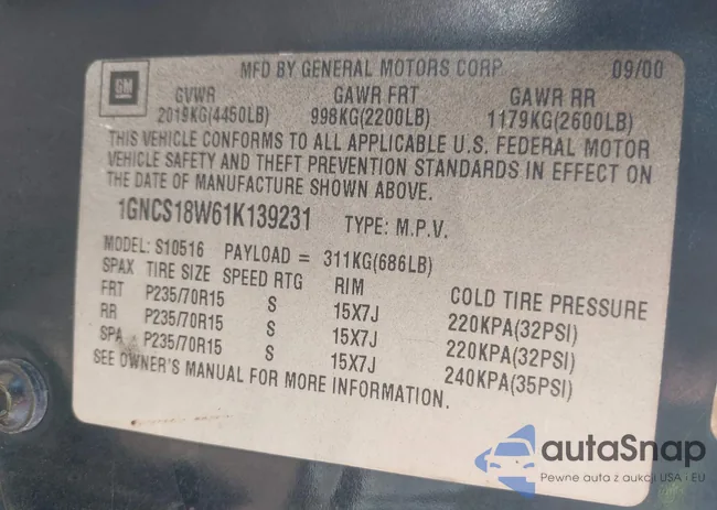 1GNCS18W61K139231: 39727182