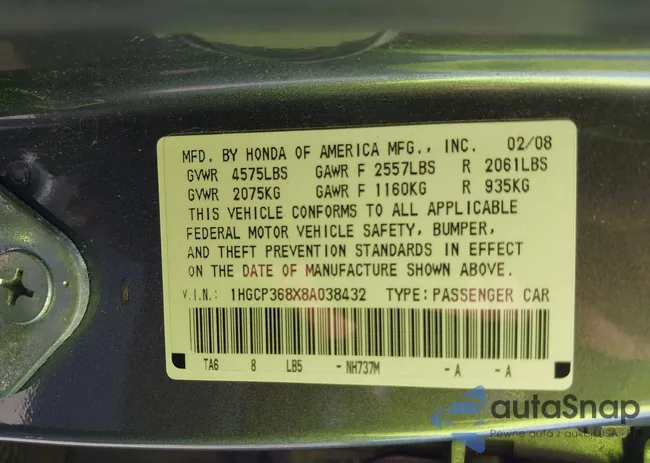 1HGCP368X8A038432: 39745493