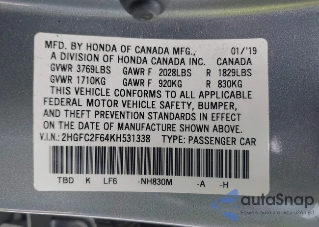 2HGFC2F64KH531338: 39859900