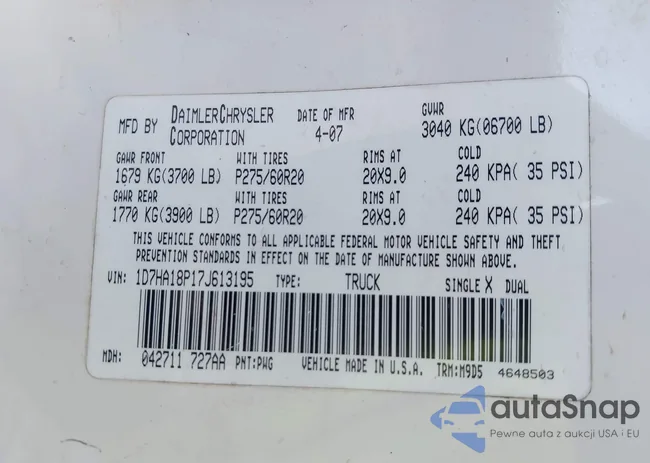 1D7HA18P17J613195: 40919322