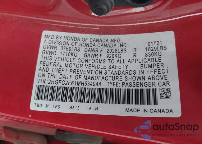 2HGFC2F61MH534944: 40923248