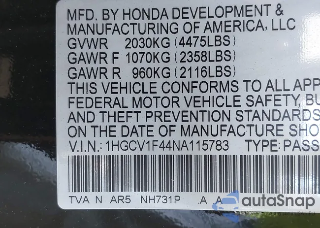 1HGCV1F44NA115783: 40945179