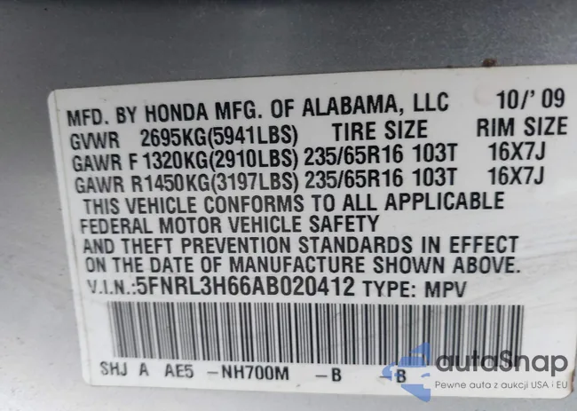 5FNRL3H66AB020412: 40945657