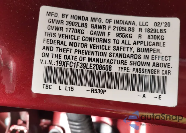 19XFC1F39LE208608: 40952833