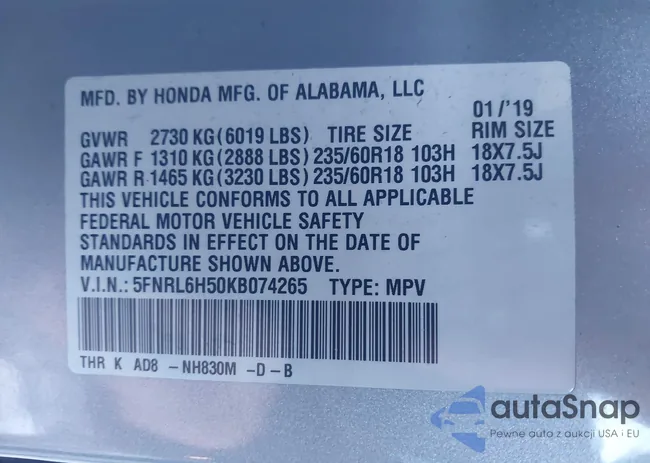 5FNRL6H50KB074265: 40964685