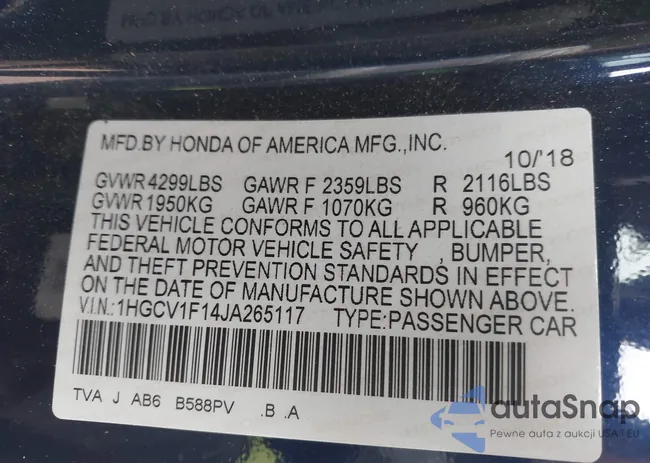 1HGCV1F14JA265117: 40974874