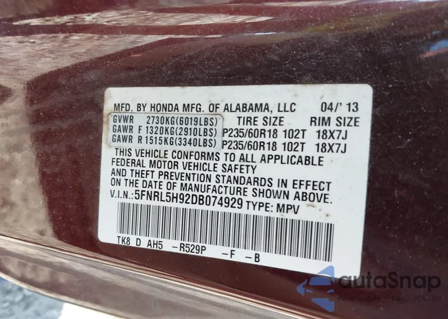 5FNRL5H92DB074929: 40991685