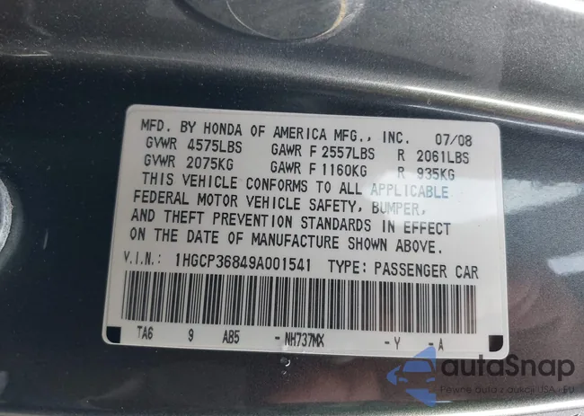 1HGCP36849A001541: 41009738