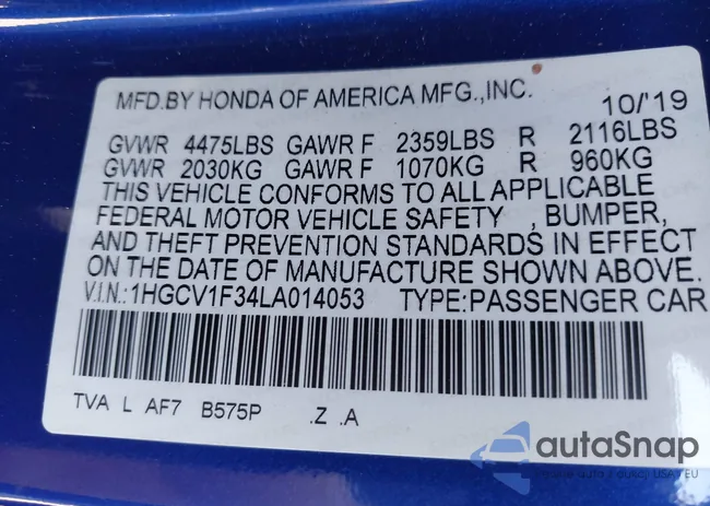 1HGCV1F34LA014053: 41030532