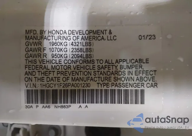 1HGCY1F26PA001230: 41053749