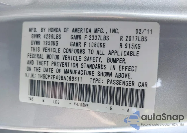 1HGCP2F49BA099611: 41068314