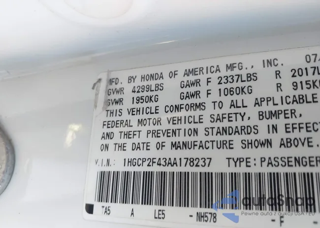 1HGCP2F43AA178237: 41087330