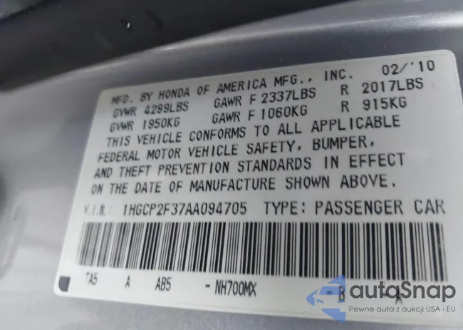 1HGCP2F37AA094705: 41087164