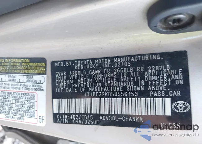 4T1BE32K05U556153: 41102315