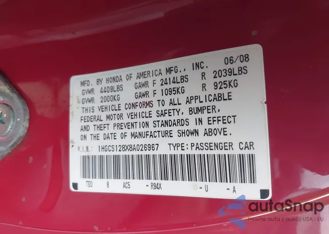 1HGCS128X8A026967: 41106652