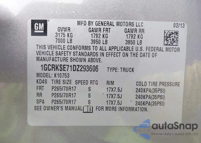 1GCRKSE71DZ293606: 41150122