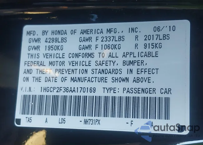 1HGCP2F36AA170169: 41181657