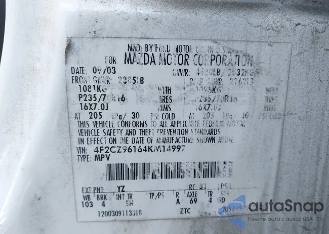 4F2CZ96164KM14997: 41190092