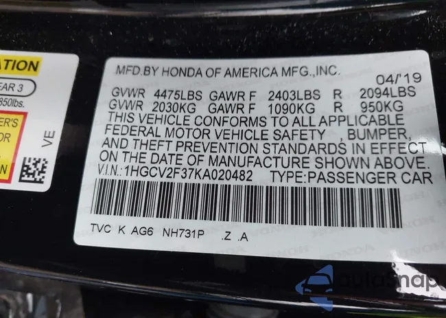 1HGCV2F37KA020482: 41231665