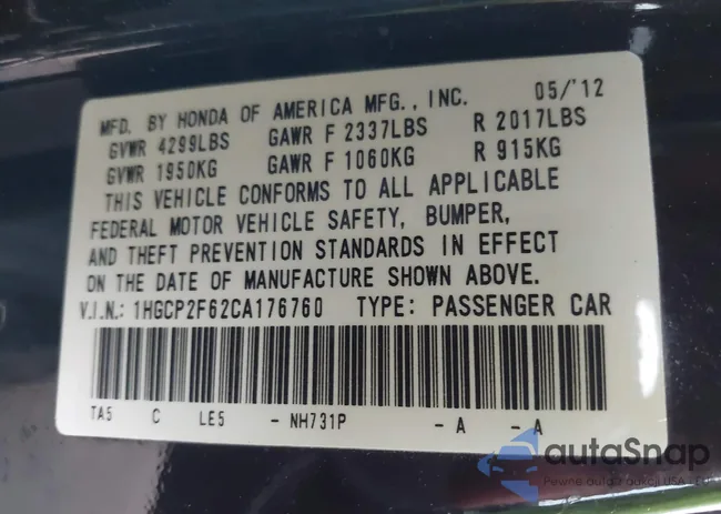 1HGCP2F62CA176760: 41280072