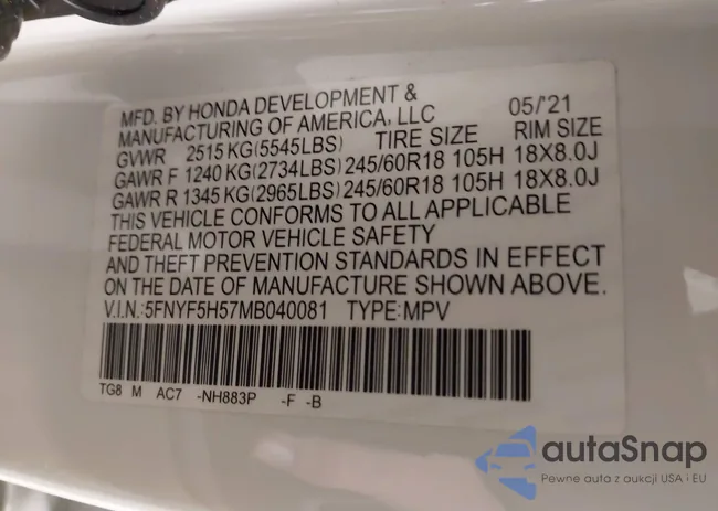 5FNYF5H57MB040081: 41292215