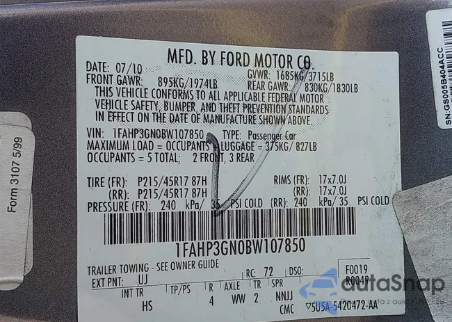 1FAHP3GN0BW107850: 41439727