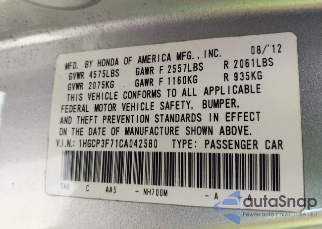 1HGCP3F71CA042580: 41455110