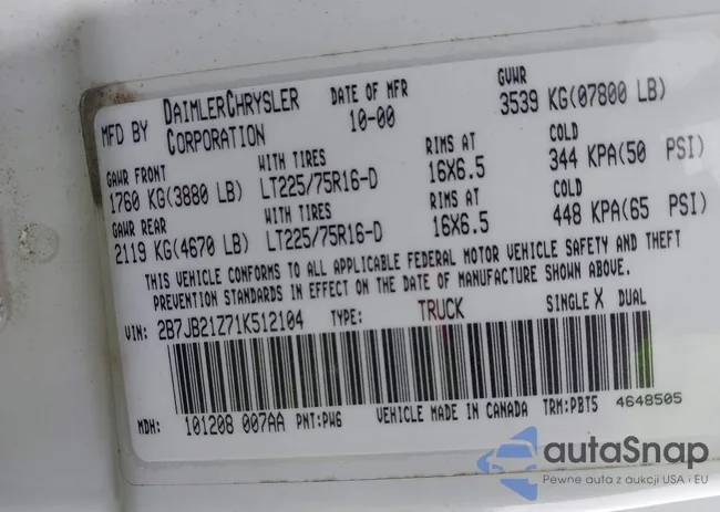 2B7JB21Z71K512104: 41462438