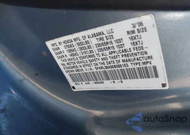 5FNRL38436B086163: 40625535