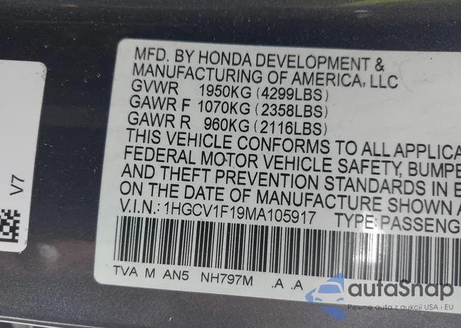 1HGCV1F19MA105917: 40630452