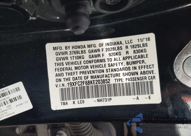 19XFC2F68KE203852: 40683787