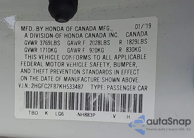 2HGFC2F87KH533487: 40686585