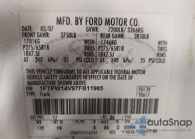 1FTPW14V97FB11985: 40700724