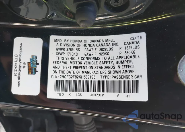 2HGFC2F82KH539195: 40702174