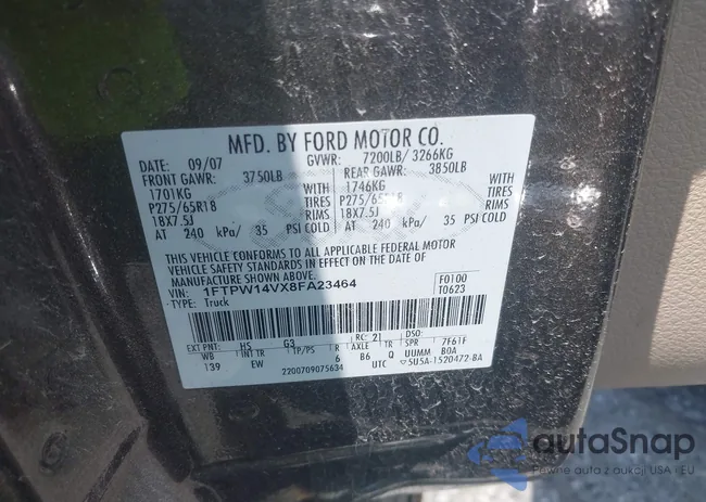 1FTPW14VX8FA23464: 40720120