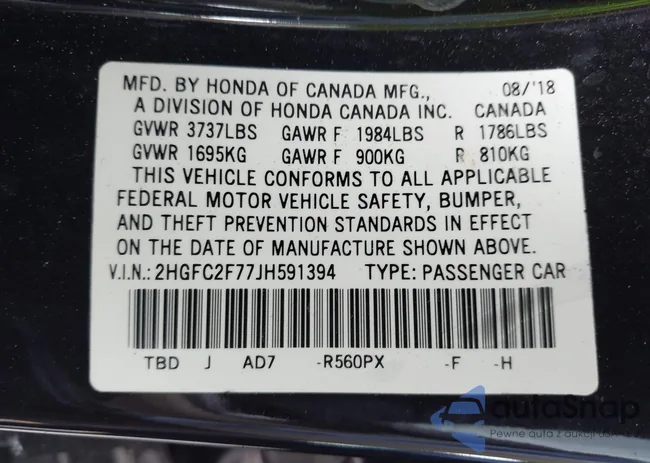 2HGFC2F77JH591394: 40740462