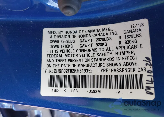 2HGFC2F82KH519352: 40758295