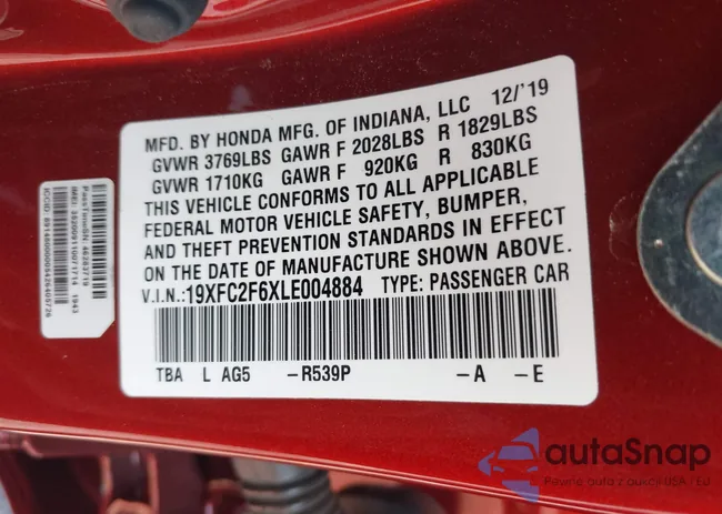 19XFC2F6XLE004884: 40777325