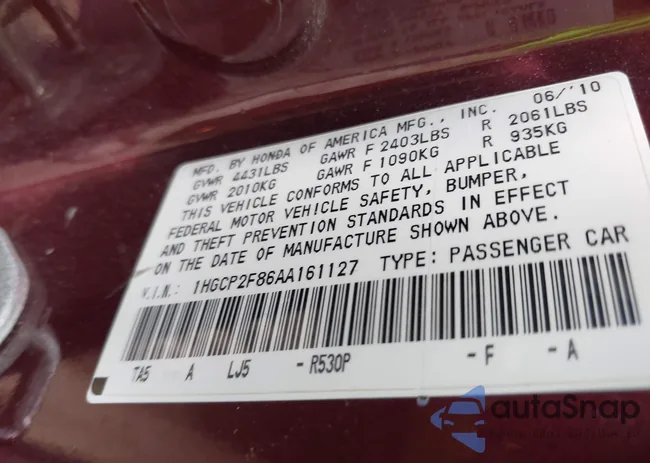 1HGCP2F86AA161127: 40809160